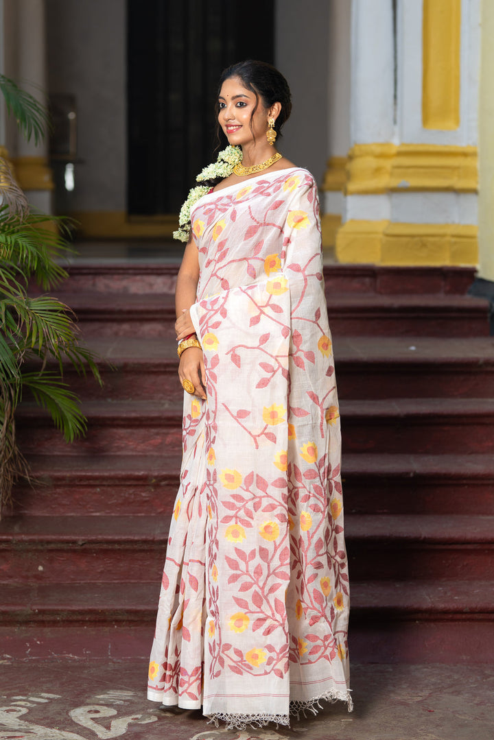 Handloom White & Red Pure Cotton Yellow Floral Motifs Jamdani Saree | SHOBITAM