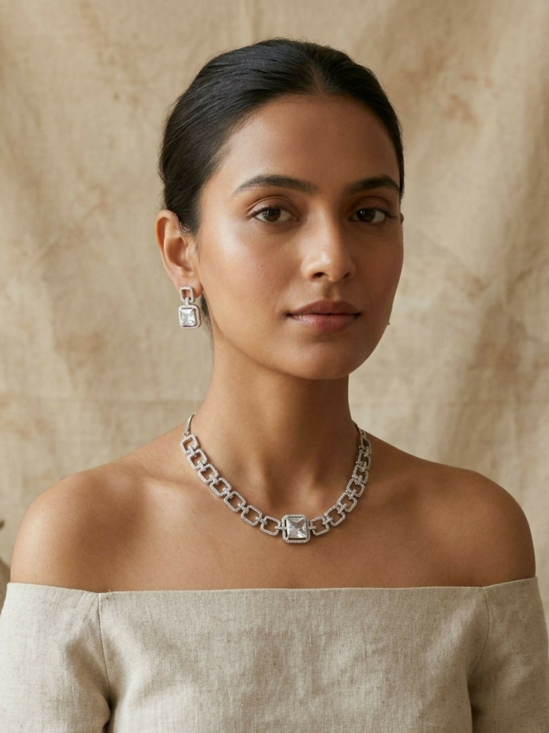Classic Silver Plated American Diamond Necklace Set | SHOBITAM
