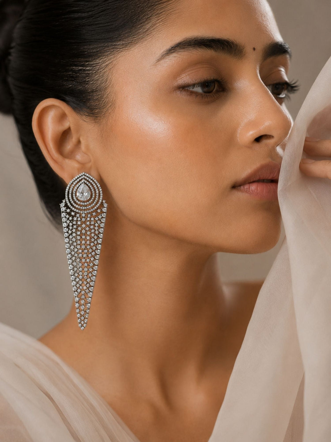Silver CZ Long Statement Earrings – Diamond Look Party Wear | SHOBITAM