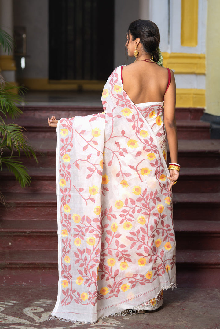 Handloom White & Red Pure Cotton Yellow Floral Motifs Jamdani Saree | SHOBITAM