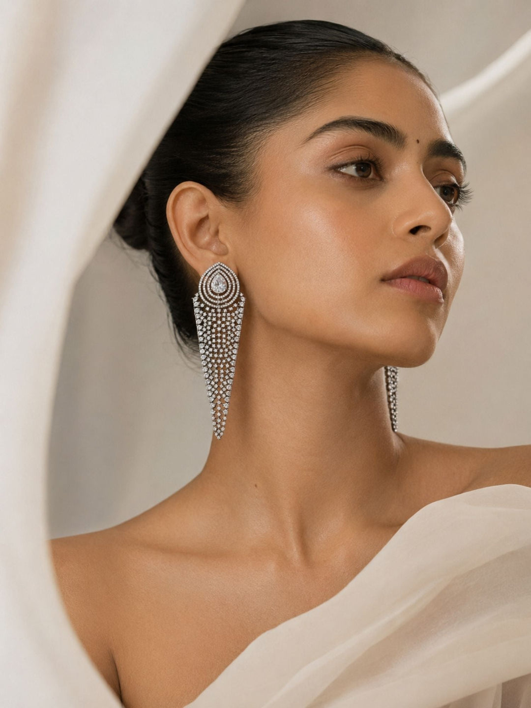 Silver CZ Long Statement Earrings – Diamond Look Party Wear | SHOBITAM