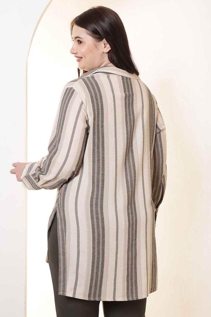 Plus Size Olive Striped High Slit Styled Cuff Cotton Shirt  | Made to Order