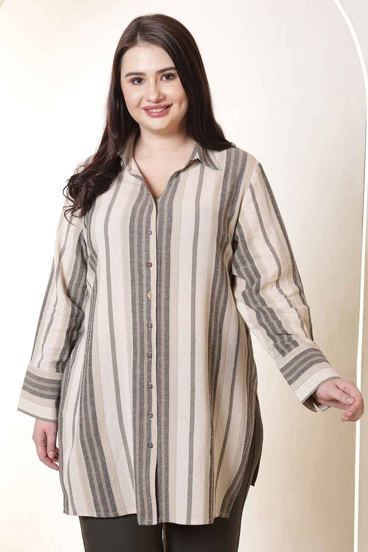 Plus Size Olive Striped High Slit Styled Cuff Cotton Shirt  | Made to Order