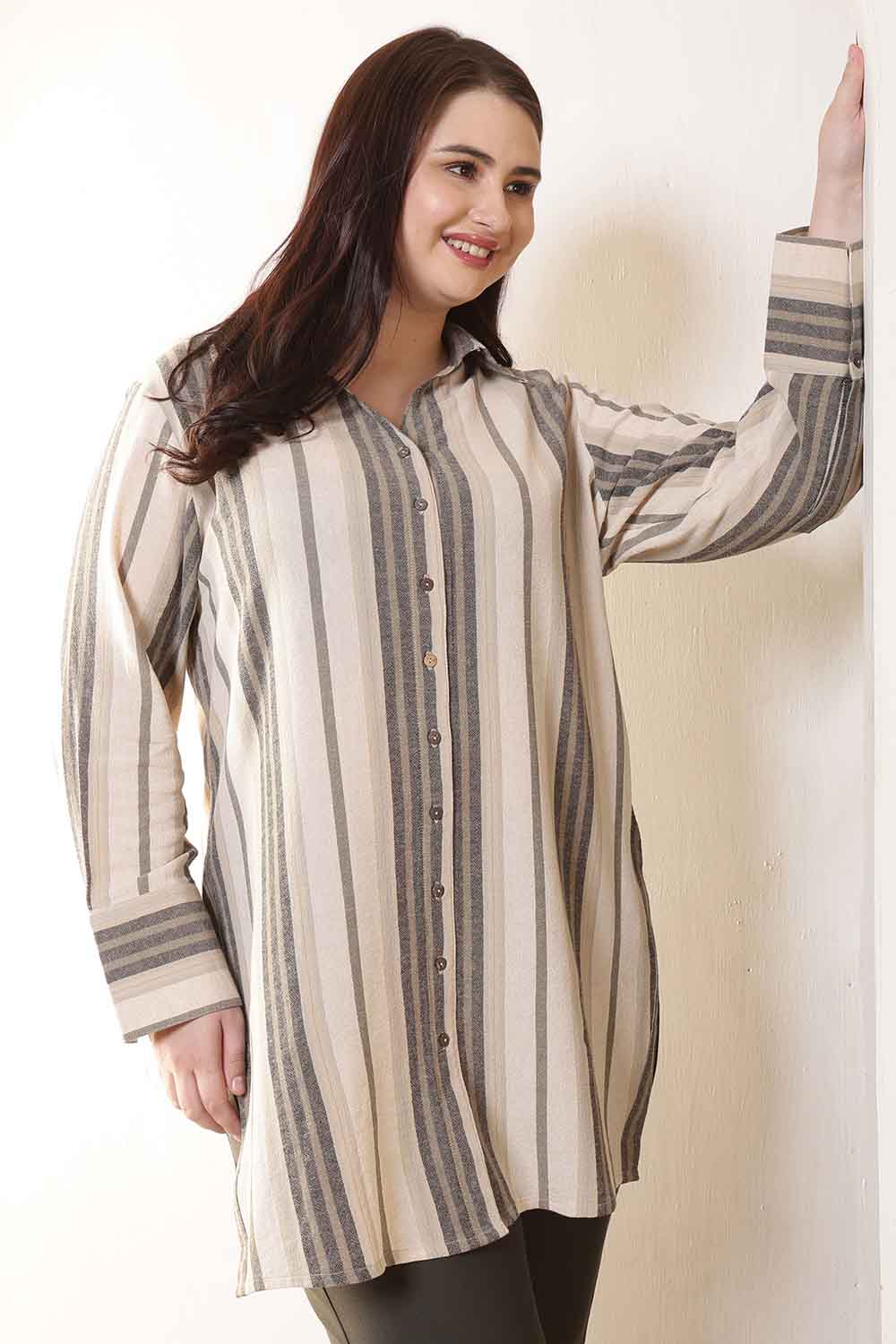Plus Size Olive Striped High Slit Styled Cuff Cotton Shirt  | Made to Order