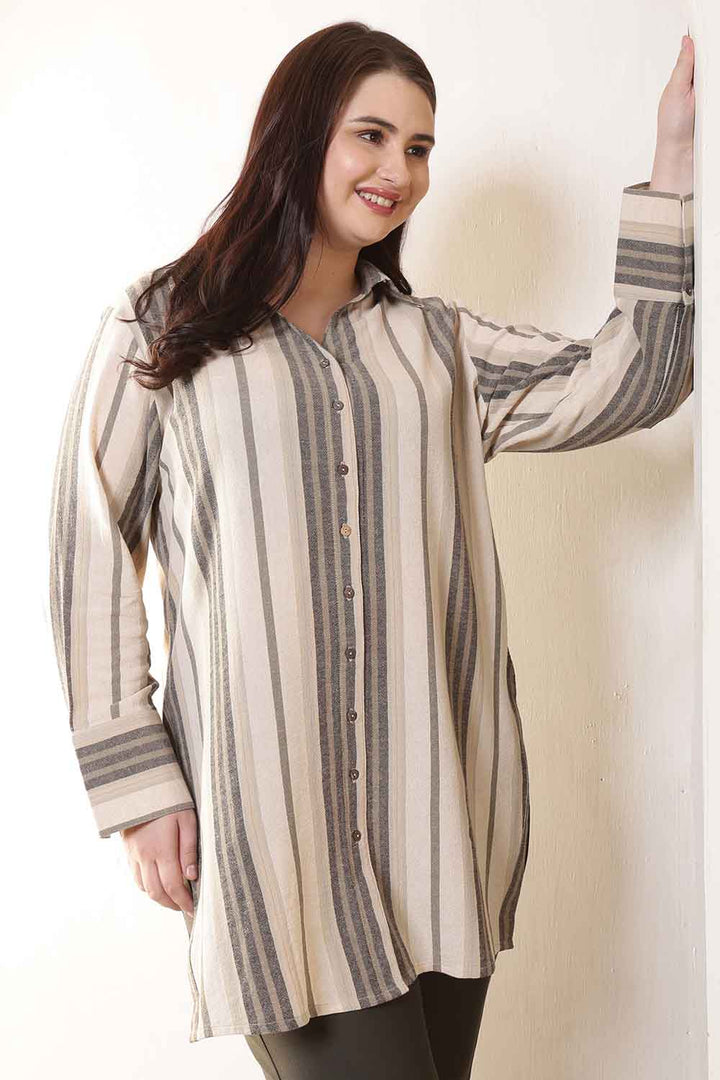 Plus Size Olive Striped High Slit Styled Cuff Cotton Shirt  | Made to Order