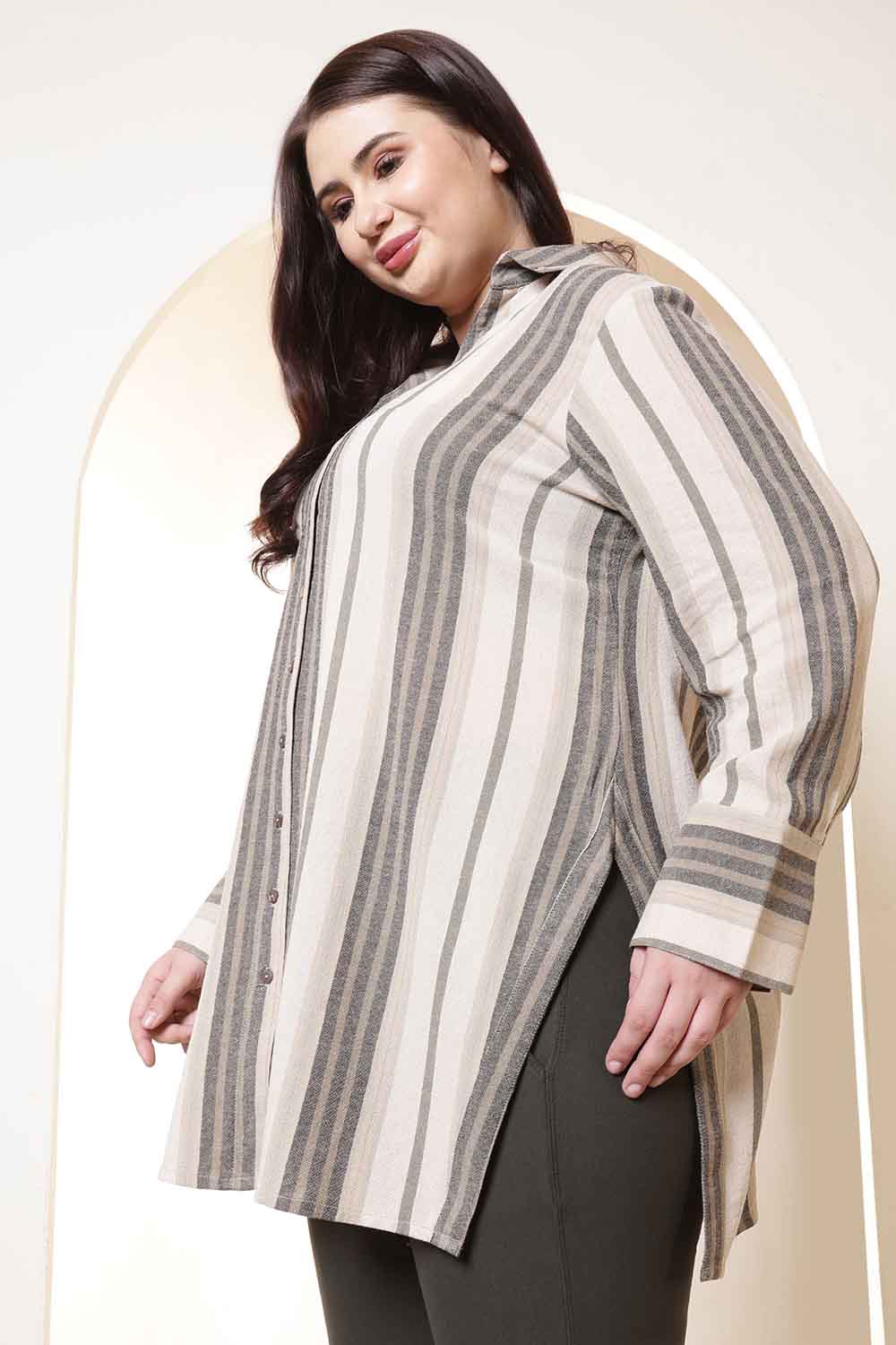 Plus Size Olive Striped High Slit Styled Cuff Cotton Shirt  | Made to Order
