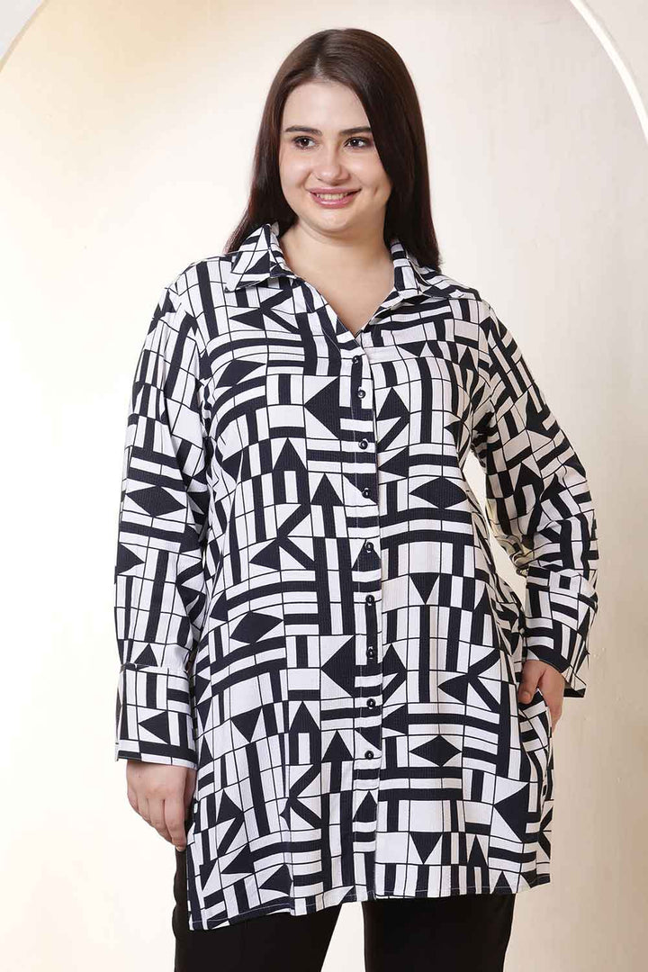Plus Size Black & White Geometric Print High Slit Styled Cuff Cotton Shirt  | Made to Order