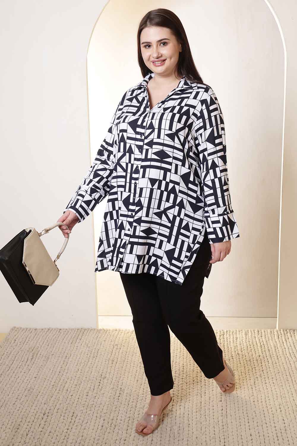 Plus Size Black & White Geometric Print High Slit Styled Cuff Cotton Shirt  | Made to Order
