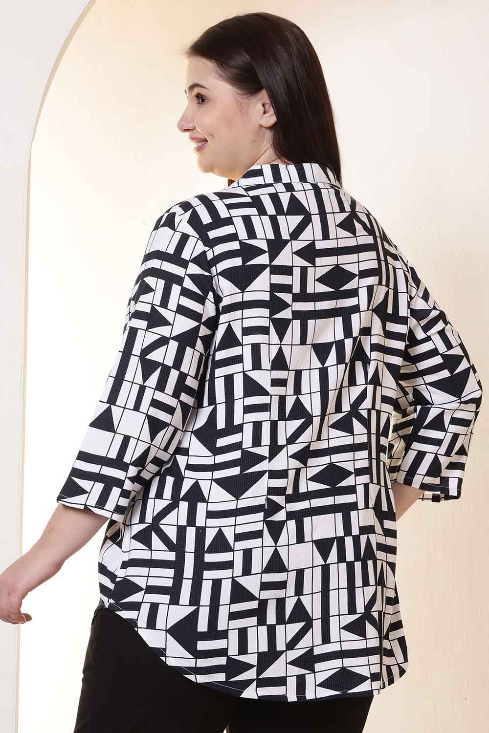 Plus Size Black & White Geometric Print Cuban Collar Shirt  | Made to Order