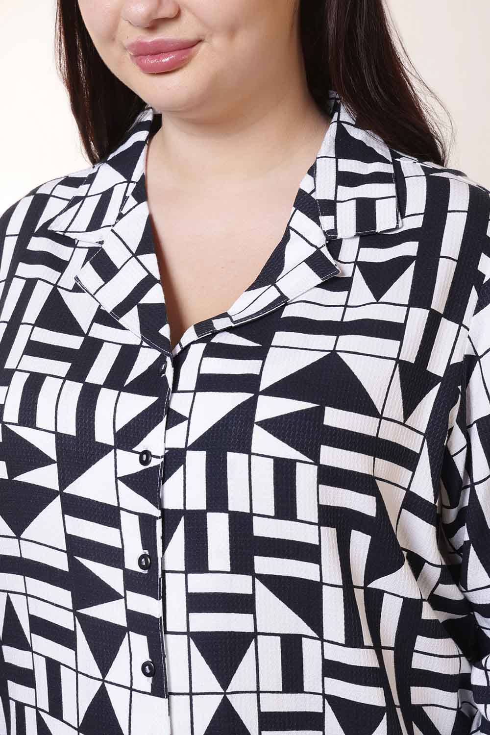 Plus Size Black & White Geometric Print Cuban Collar Shirt  | Made to Order