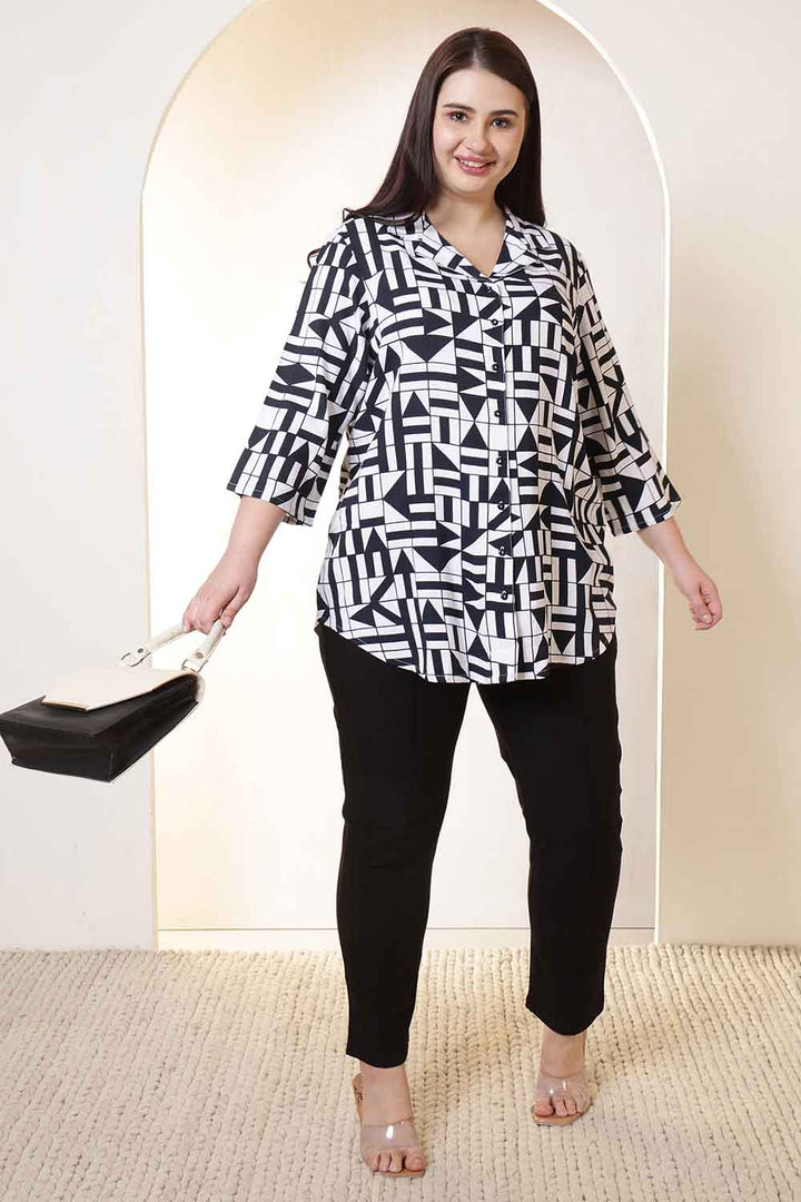 Plus Size Black & White Geometric Print Cuban Collar Shirt  | Made to Order