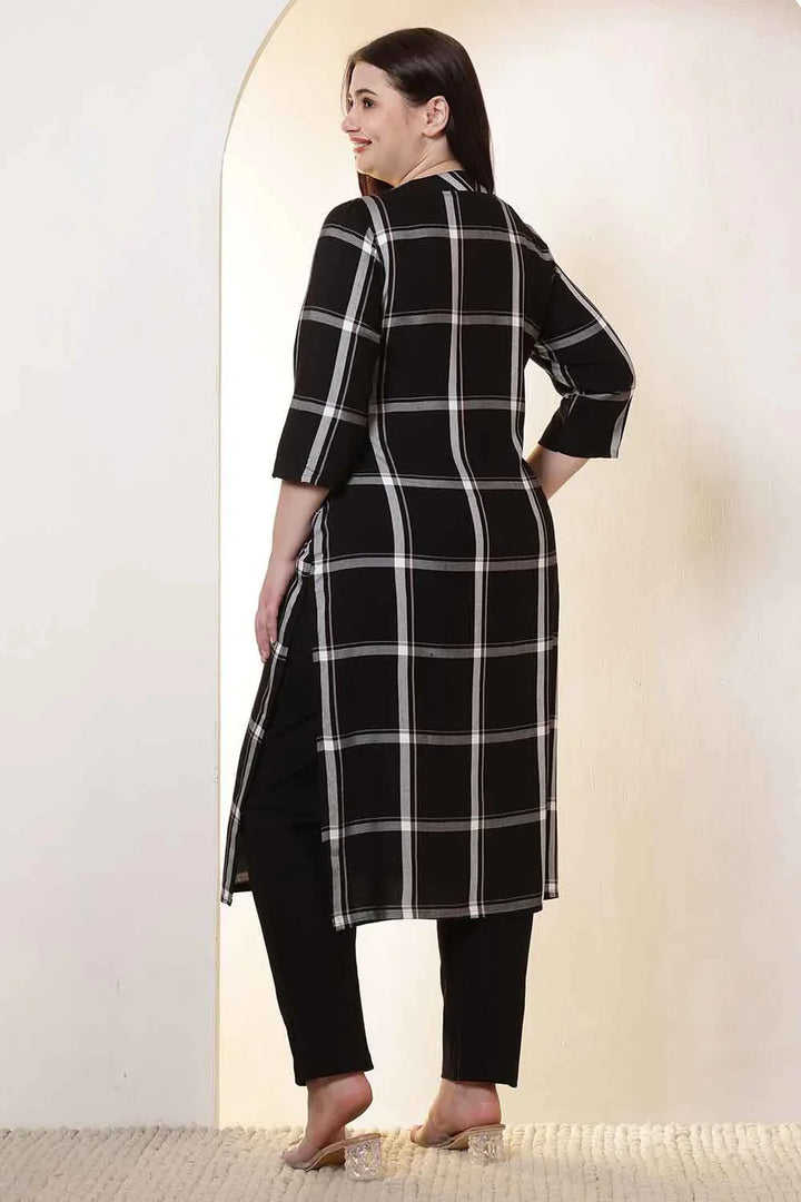 Plus Size Black & White Checkered V-Neck Rayon Twill Kurta Tunic  in Cotton | Made to Order