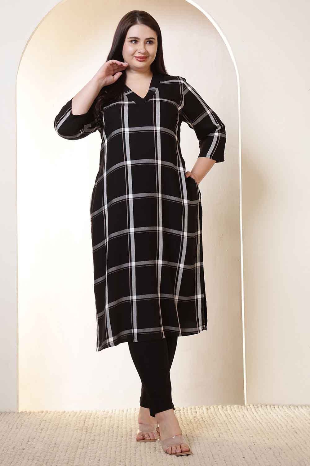 Plus Size Black & White Checkered V-Neck Rayon Twill Kurta Tunic  in Cotton | Made to Order