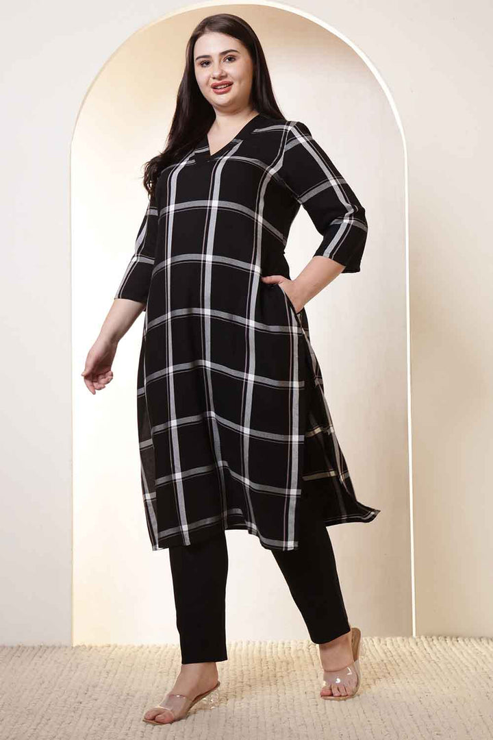 Plus Size Black & White Checkered V-Neck Rayon Twill Kurta Tunic  in Cotton | Made to Order