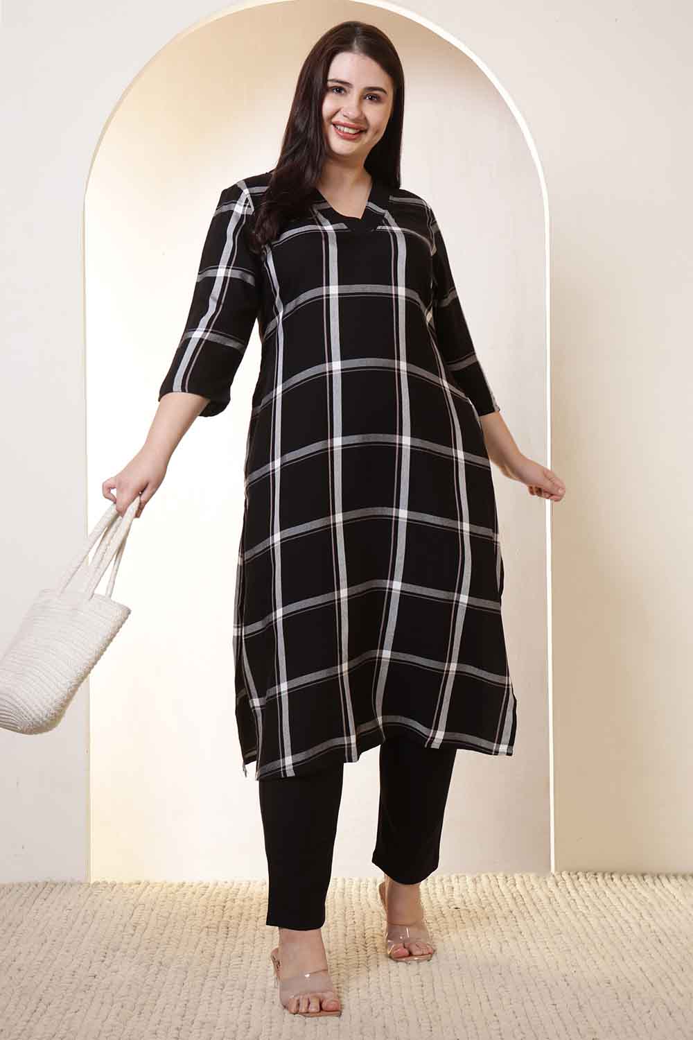 Plus Size Black & White Checkered V-Neck Rayon Twill Kurta Tunic  in Cotton | Made to Order