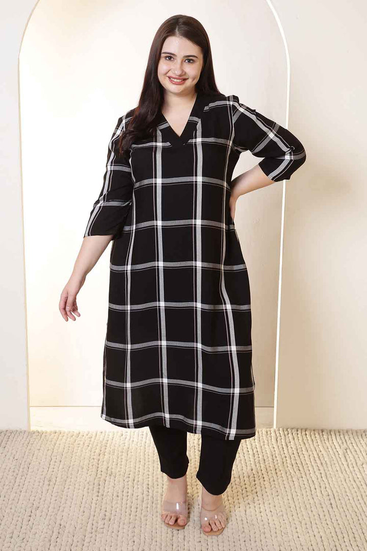 Plus Size Black & White Checkered V-Neck Rayon Twill Kurta Tunic  in Cotton | Made to Order