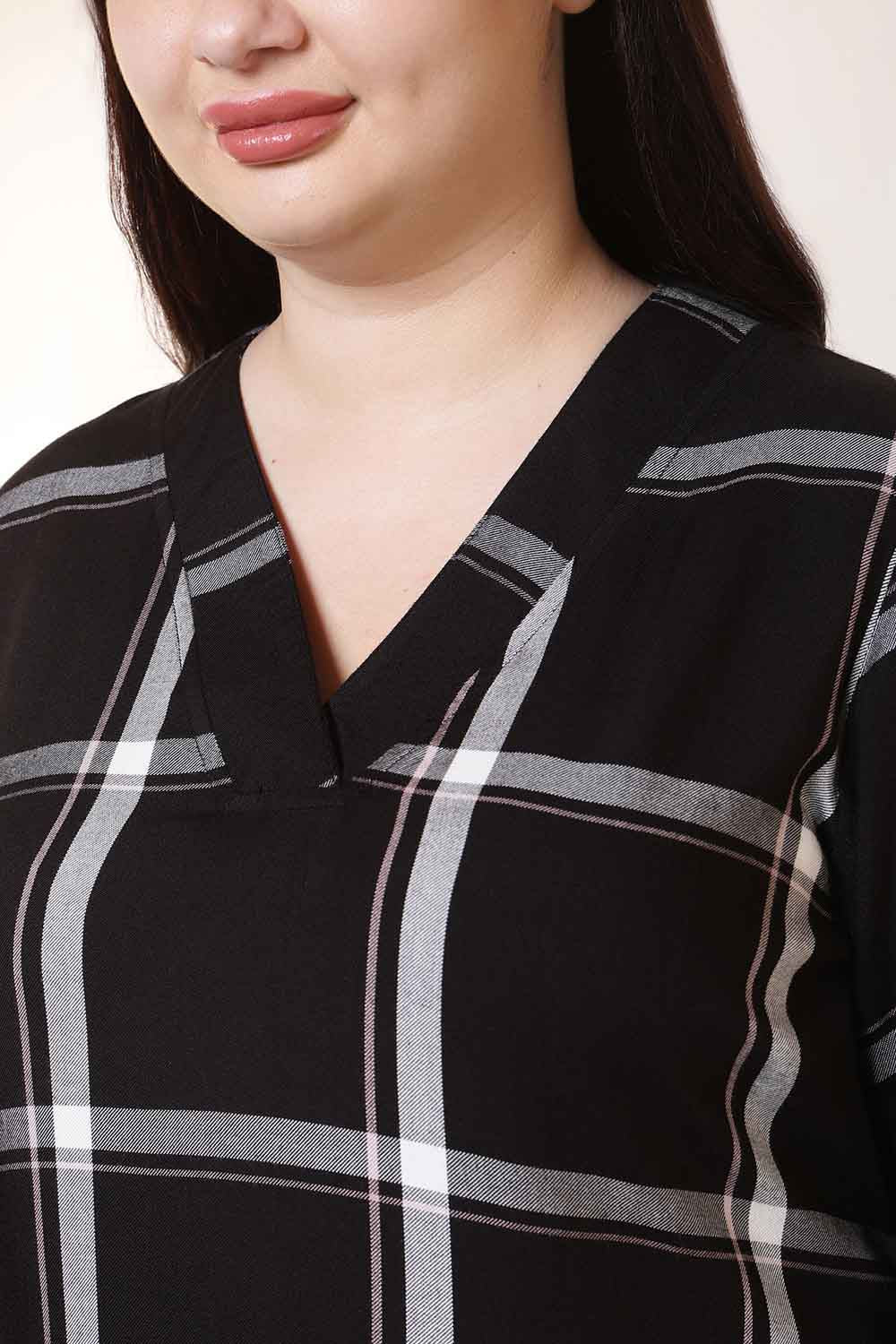 Plus Size Black & White Checkered V-Neck Rayon Twill Kurta Tunic  in Cotton | Made to Order