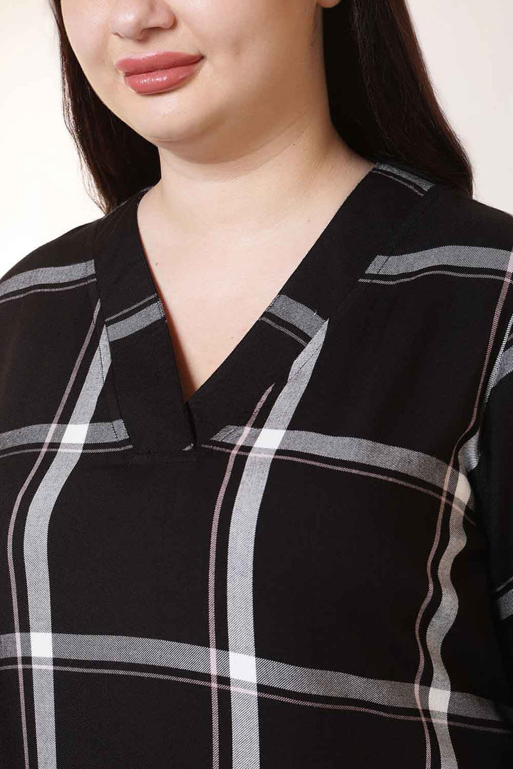 Plus Size Black & White Checkered V-Neck Rayon Twill Kurta Tunic  in Cotton | Made to Order