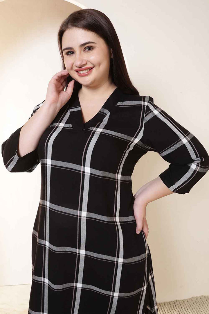 Plus Size Black & White Checkered V-Neck Rayon Twill Kurta Tunic  in Cotton | Made to Order