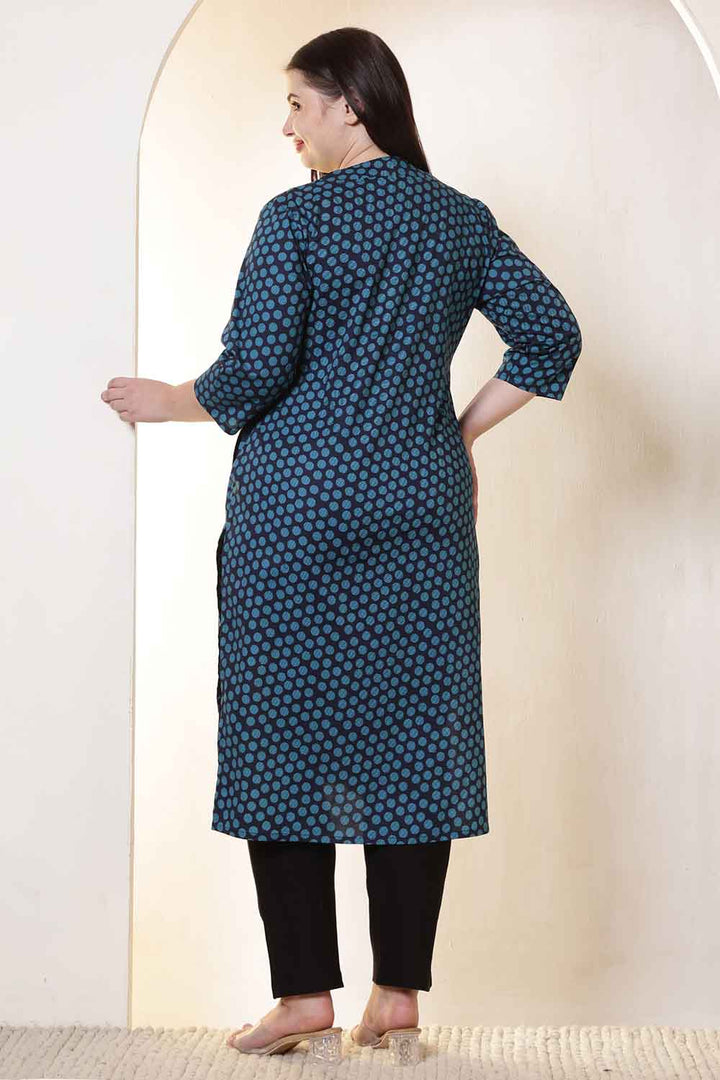 Plus Size Navy & Teal Polka Print V Neck Cotton Kurta | Made to Order