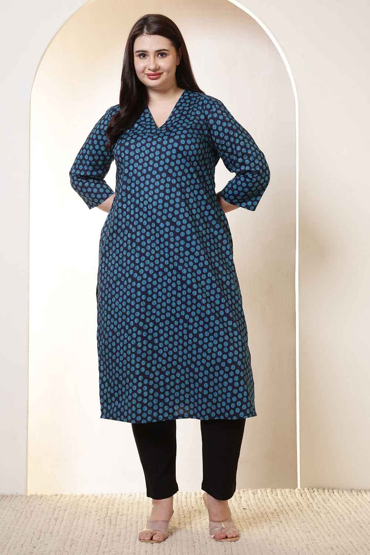 Plus Size Navy & Teal Polka Print V Neck Cotton Kurta | Made to Order