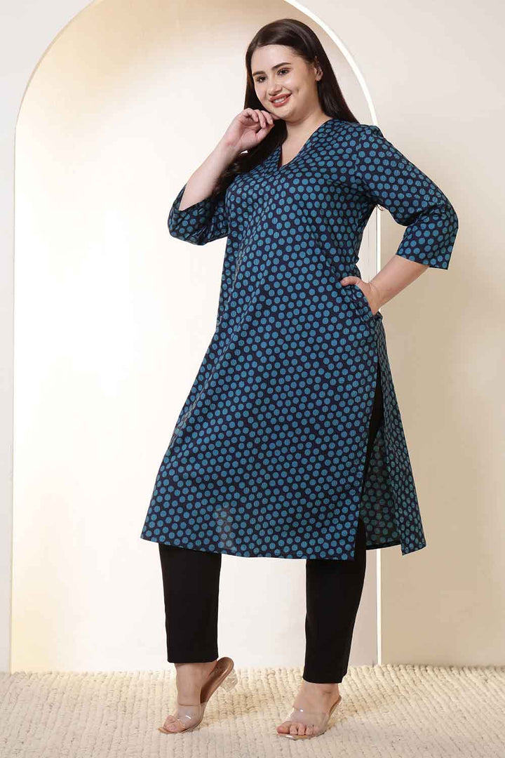 Plus Size Navy & Teal Polka Print V Neck Cotton Kurta | Made to Order