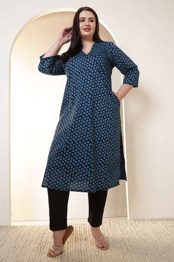 Plus Size Navy & Teal Polka Print V Neck Cotton Kurta | Made to Order