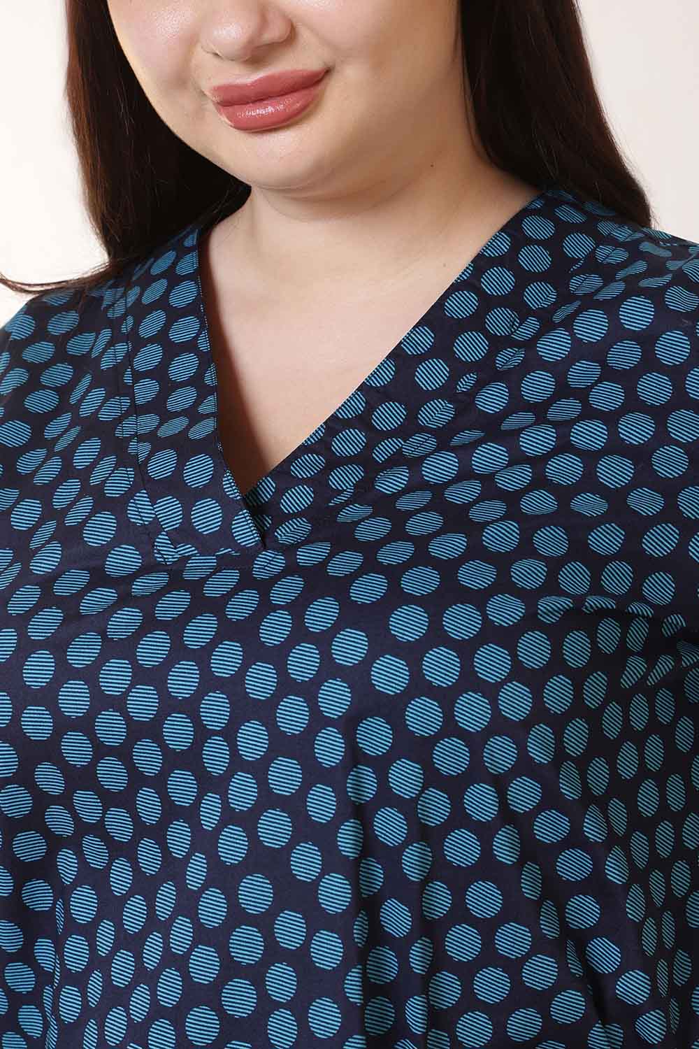 Plus Size Navy & Teal Polka Print V Neck Cotton Kurta | Made to Order