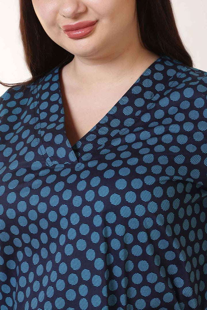 Plus Size Navy & Teal Polka Print V Neck Cotton Kurta | Made to Order