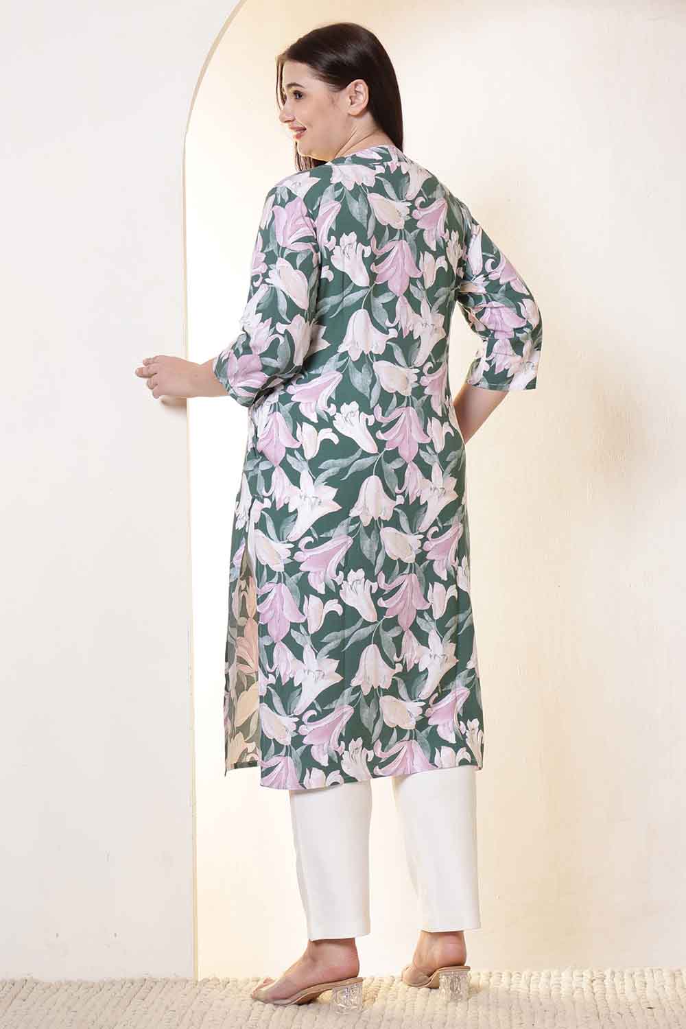 Plus Size Green & Pink Flower Print V Neck Rayon Kurta in Cotton, Pant NOT included | Made to Order