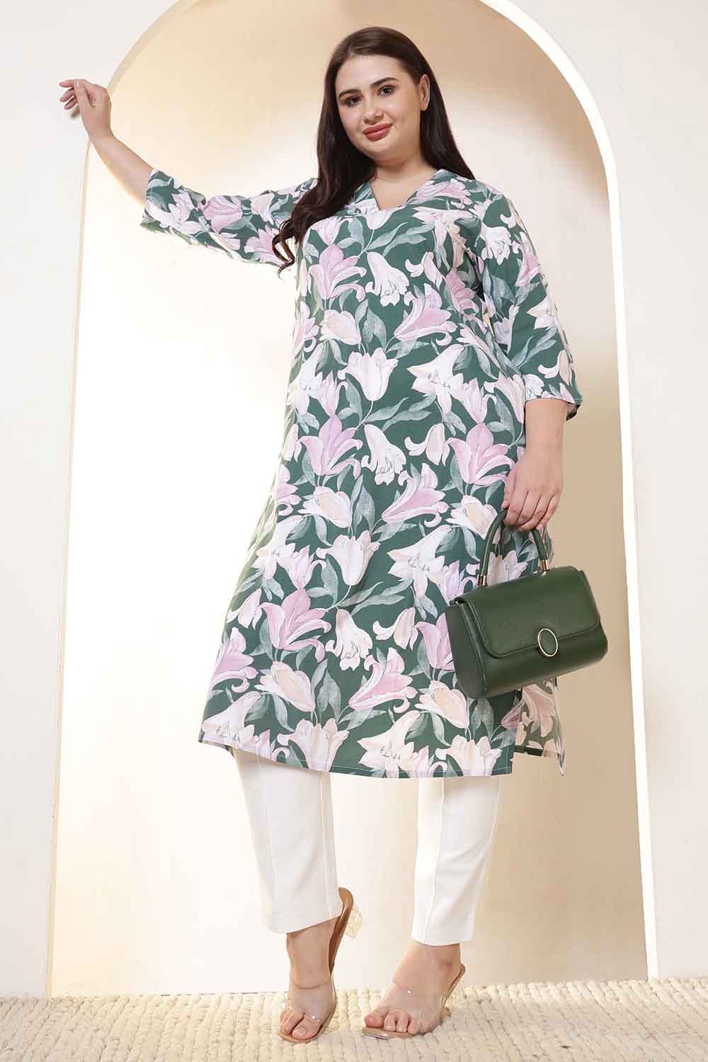 Plus Size Green & Pink Flower Print V Neck Rayon Kurta in Cotton, Pant NOT included | Made to Order
