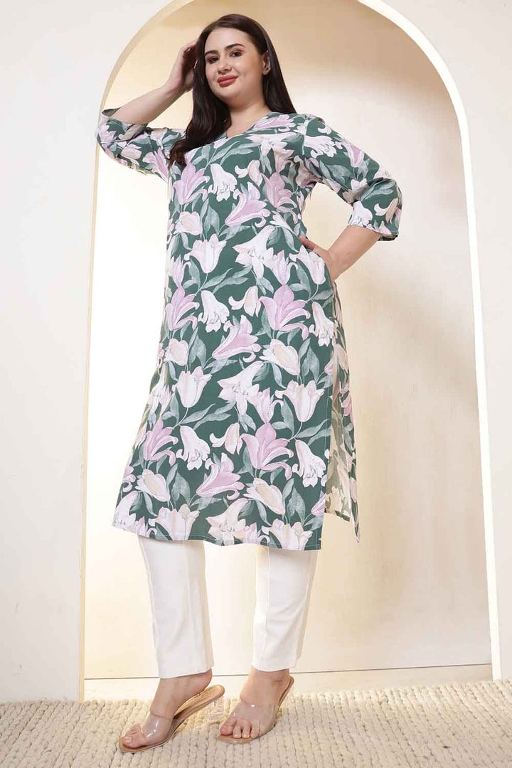 Plus Size Green & Pink Flower Print V Neck Rayon Kurta in Cotton, Pant NOT included | Made to Order