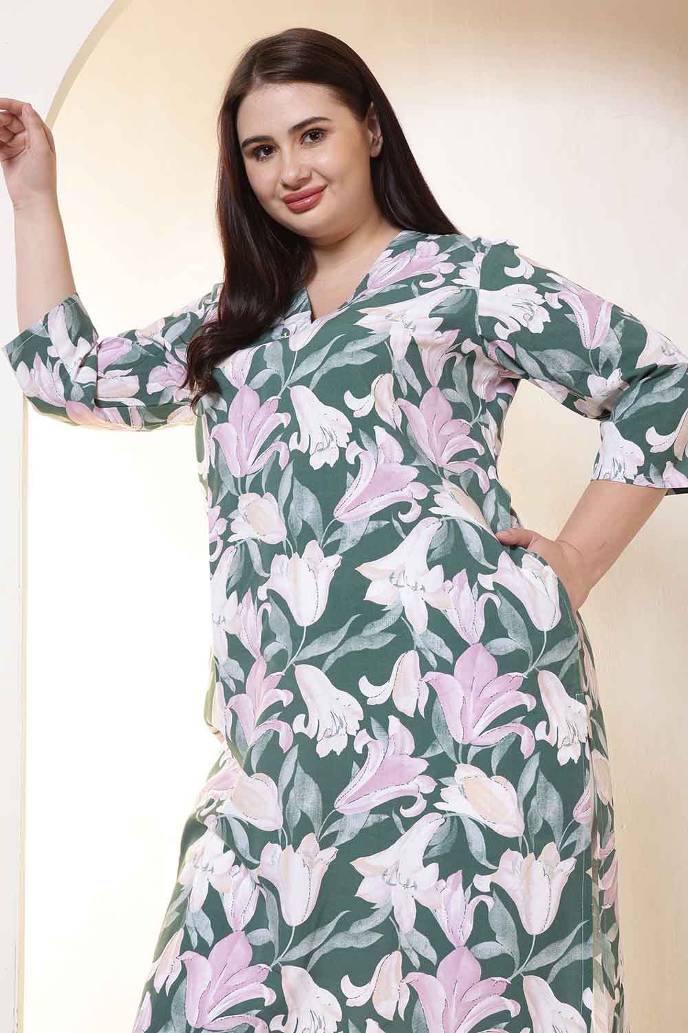 Plus Size Green & Pink Flower Print V Neck Rayon Kurta in Cotton, Pant NOT included | Made to Order