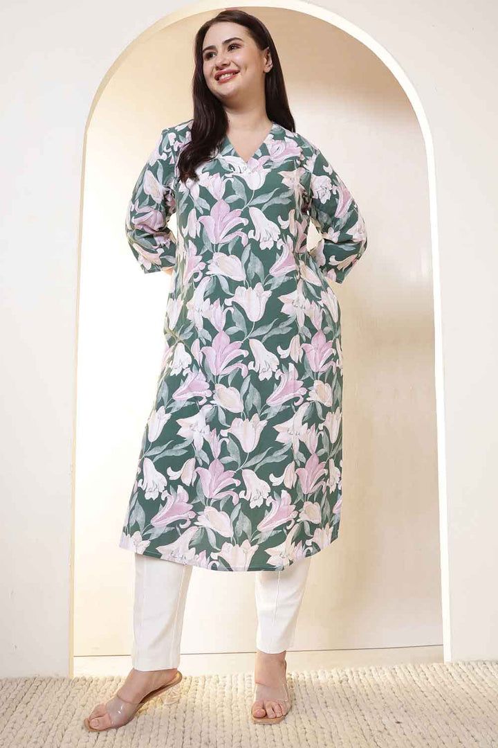 Plus Size Green & Pink Flower Print V Neck Rayon Kurta in Cotton, Pant NOT included | Made to Order