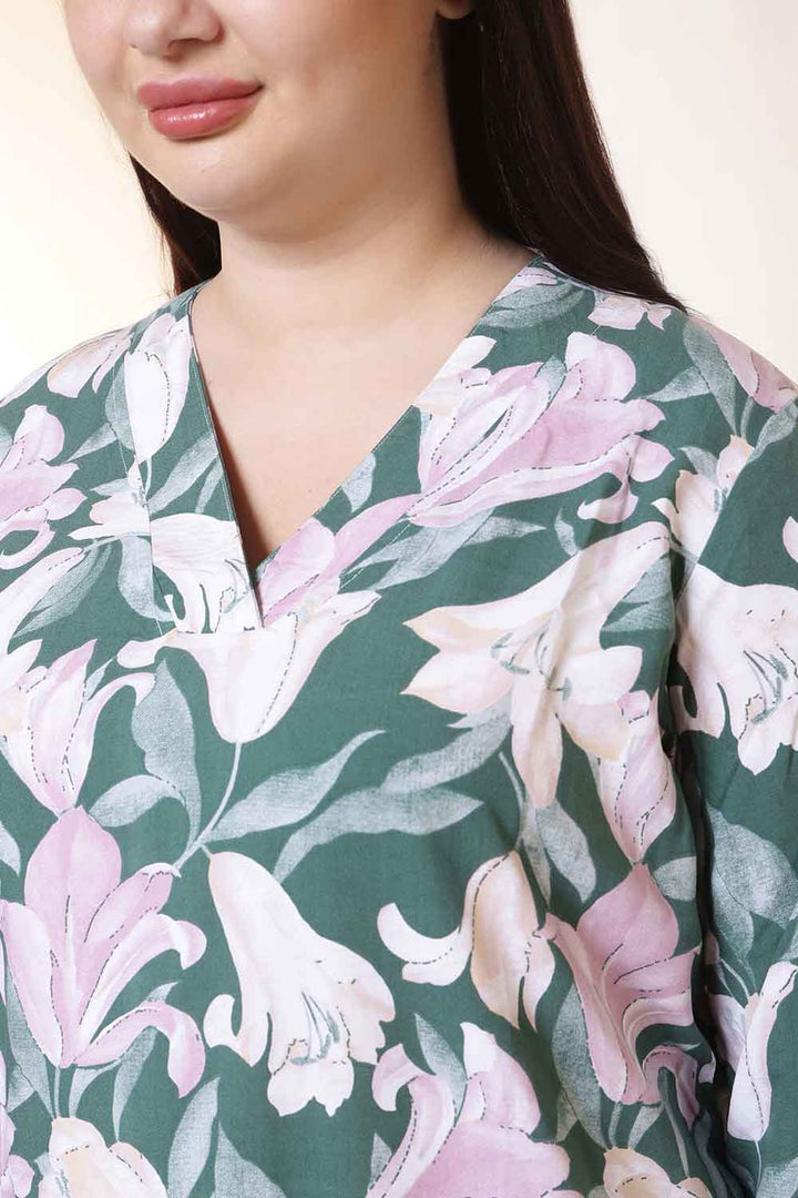 Plus Size Green & Pink Flower Print V Neck Rayon Kurta in Cotton, Pant NOT included | Made to Order