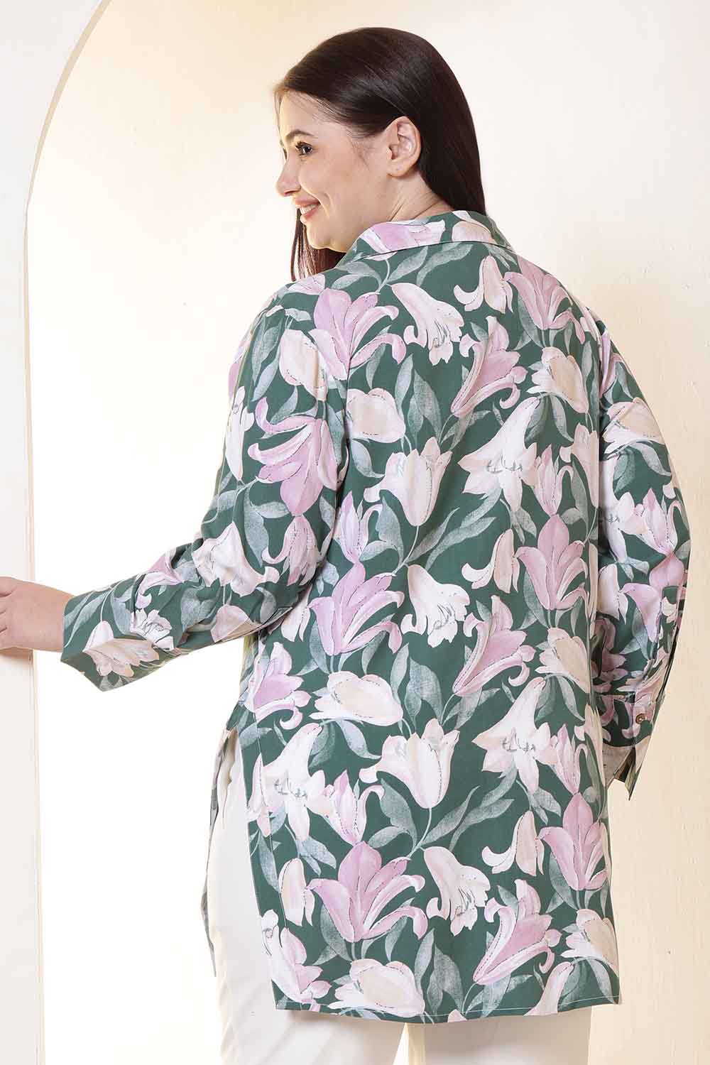 Plus Size Green & Pink Flower Print High Slit Styled Cuff Rayon Shirt  | Made to Order