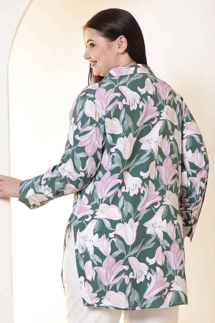 Plus Size Green & Pink Flower Print High Slit Styled Cuff Rayon Shirt  | Made to Order