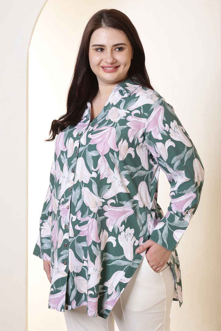 Plus Size Green & Pink Flower Print High Slit Styled Cuff Rayon Shirt  | Made to Order