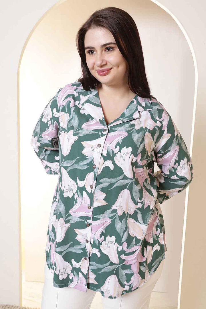 Plus Size Green & Pink Flower Print Cuban Collar Rayon Shirt  | Made to Order