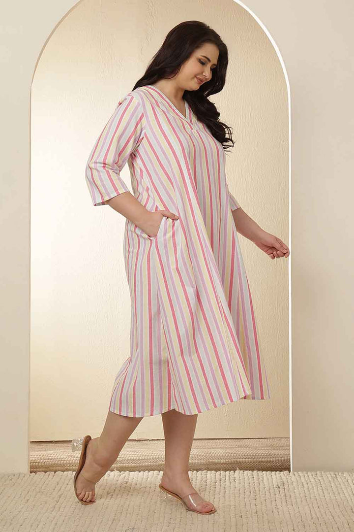 Plus Size White and Pink Vertical Stripes Cotton Dress  | Made to Order