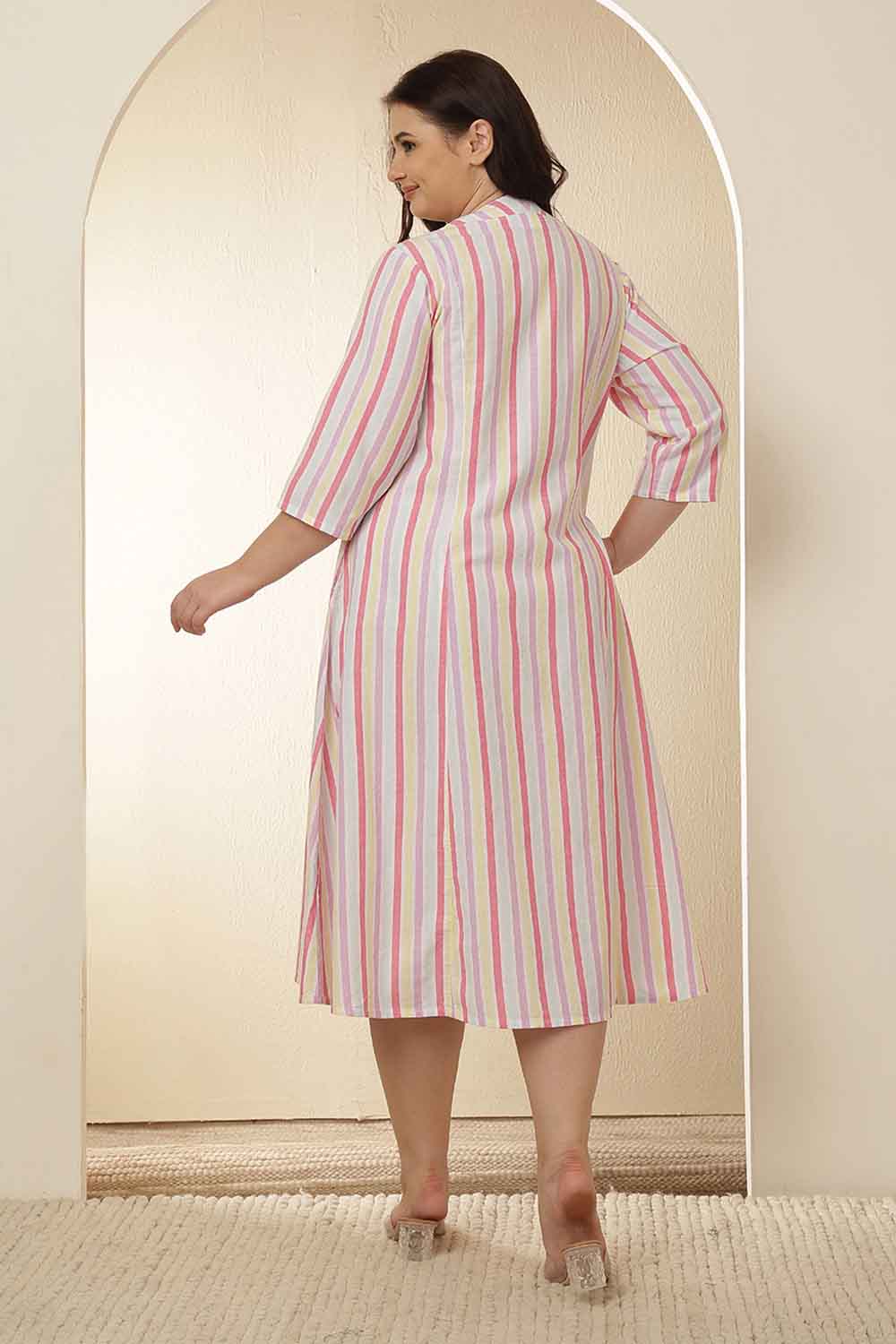 Plus Size White and Pink Vertical Stripes Cotton Dress  | Made to Order