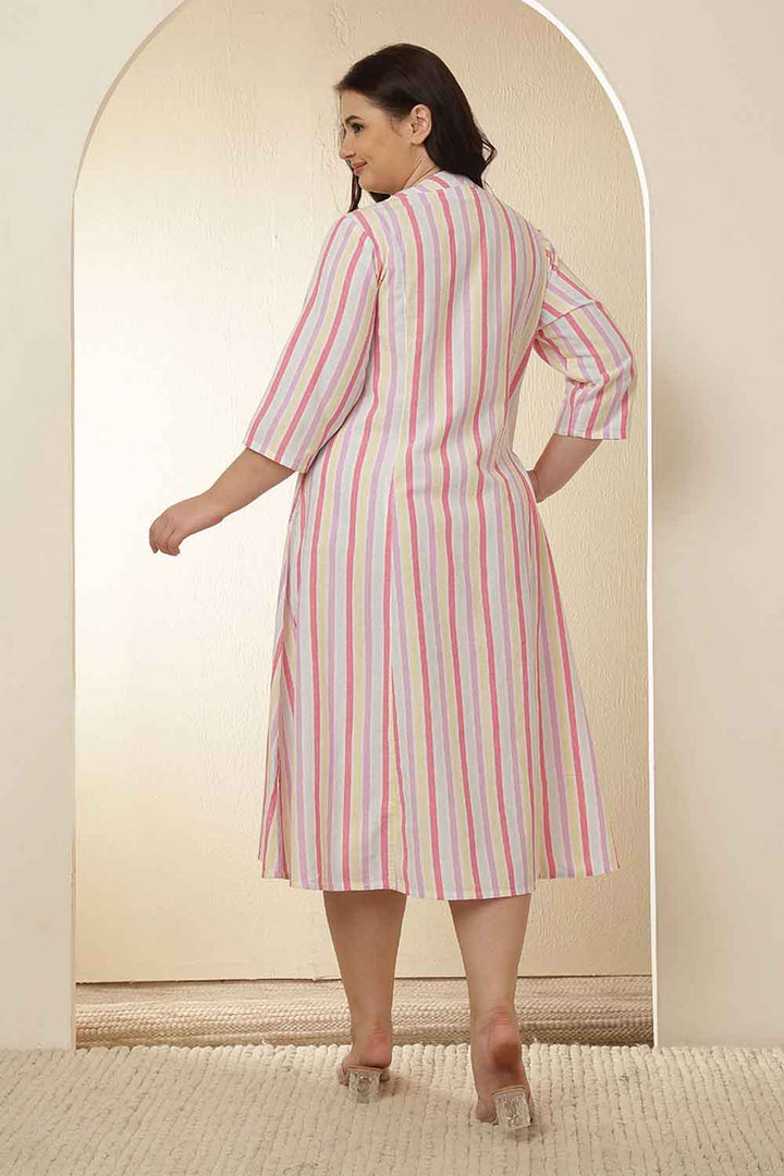 Plus Size White and Pink Vertical Stripes Cotton Dress  | Made to Order