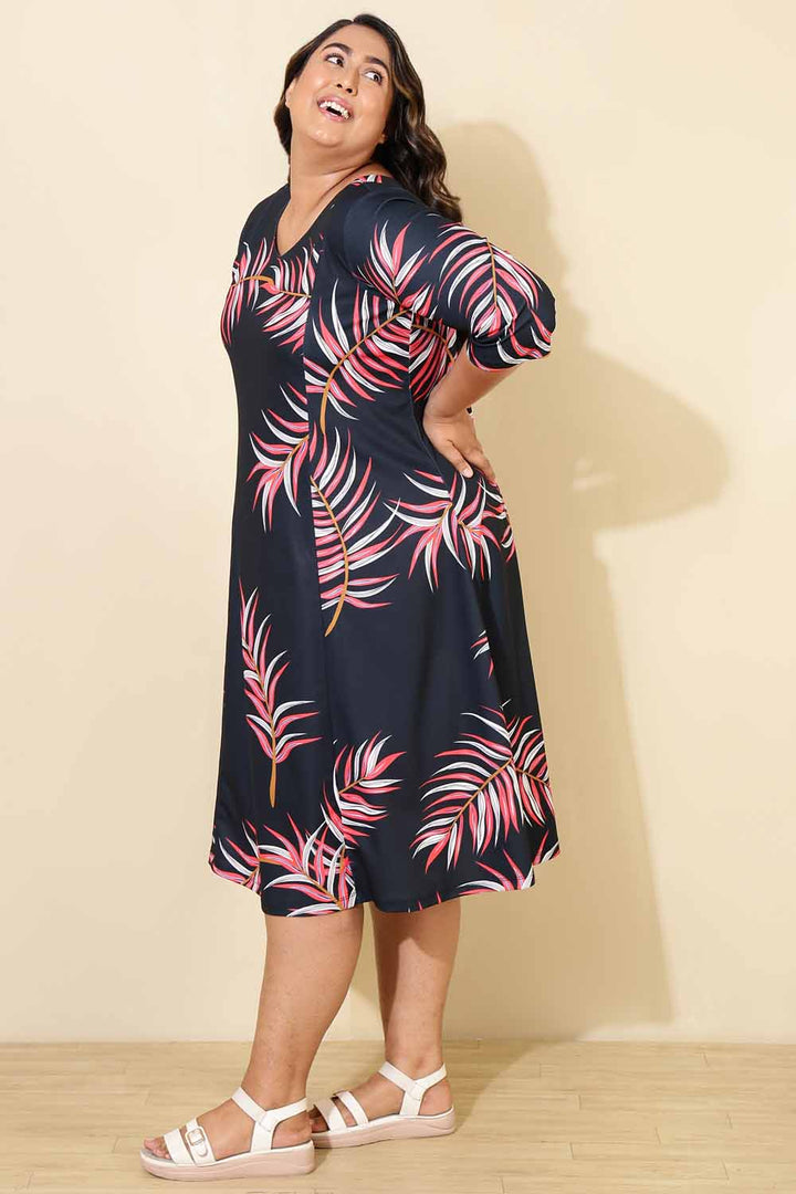Plus Size Red Blue Tropical Print A line Dress in Polyester Spandex fabric | Made to Order