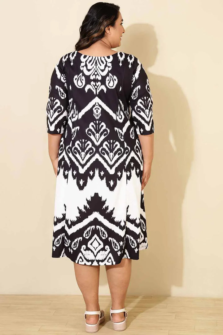 Plus Size Black White Print A Line Dress in Polyester Spandex fabric | Made to Order