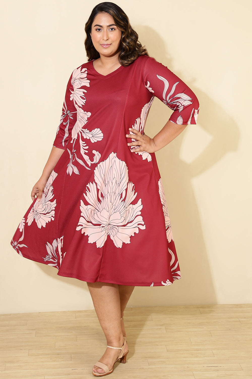 Plus Size Red White Tropical Print A line Dress in Light Stretch Poly Fabric for Women | Made to Order