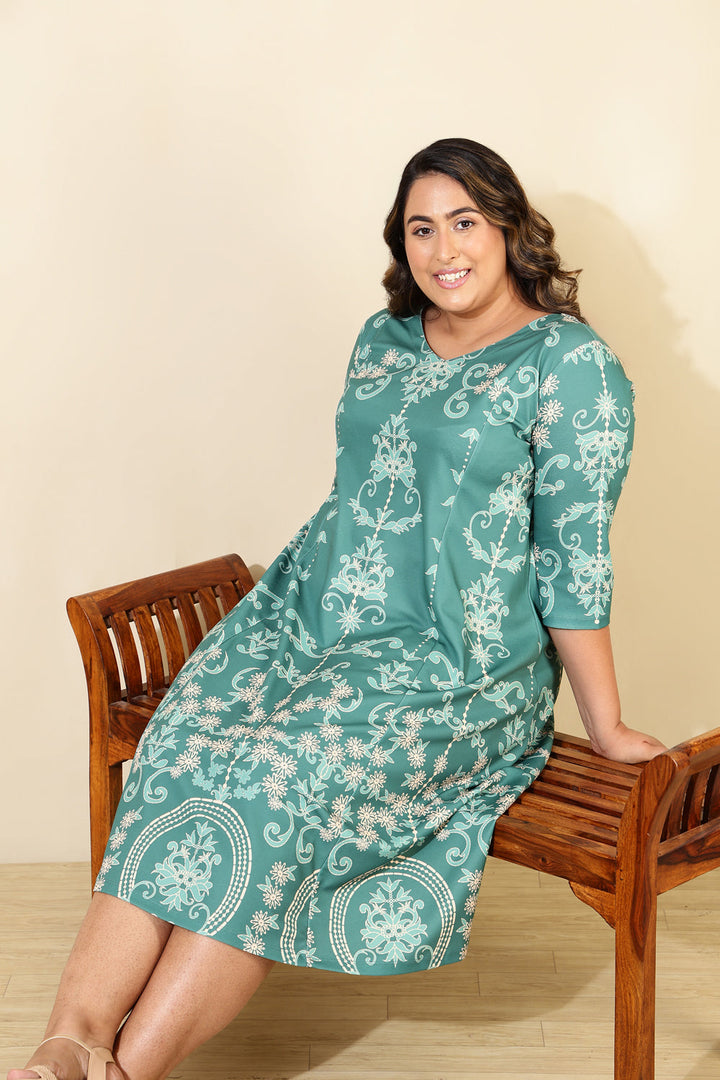 Plus Size Teal Printed A line Dress for Women | Made to Order