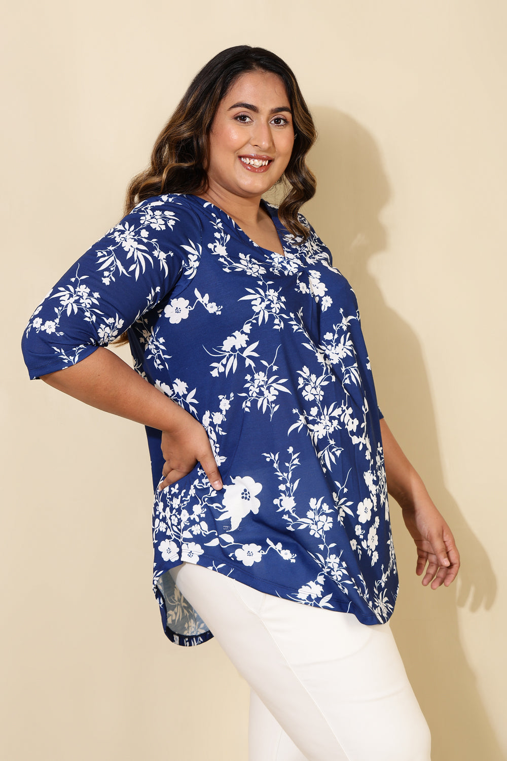 Plus Size Blue White Floral Print Centre Pleat Top for women | Made to Order