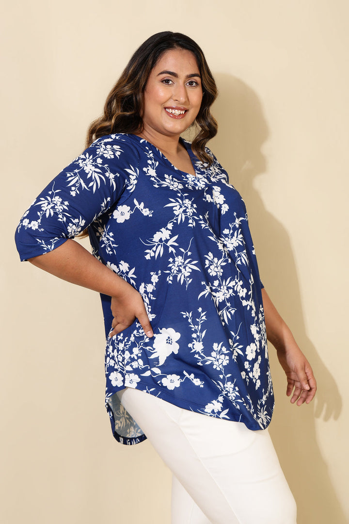 Plus Size Blue White Floral Print Centre Pleat Top for women | Made to Order