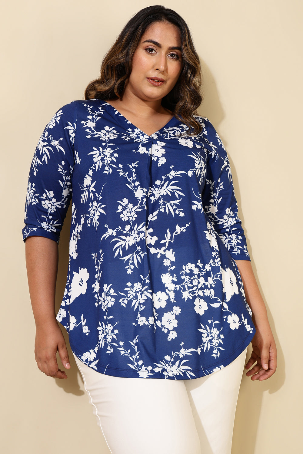 Plus Size Blue White Floral Print Centre Pleat Top for women | Made to Order