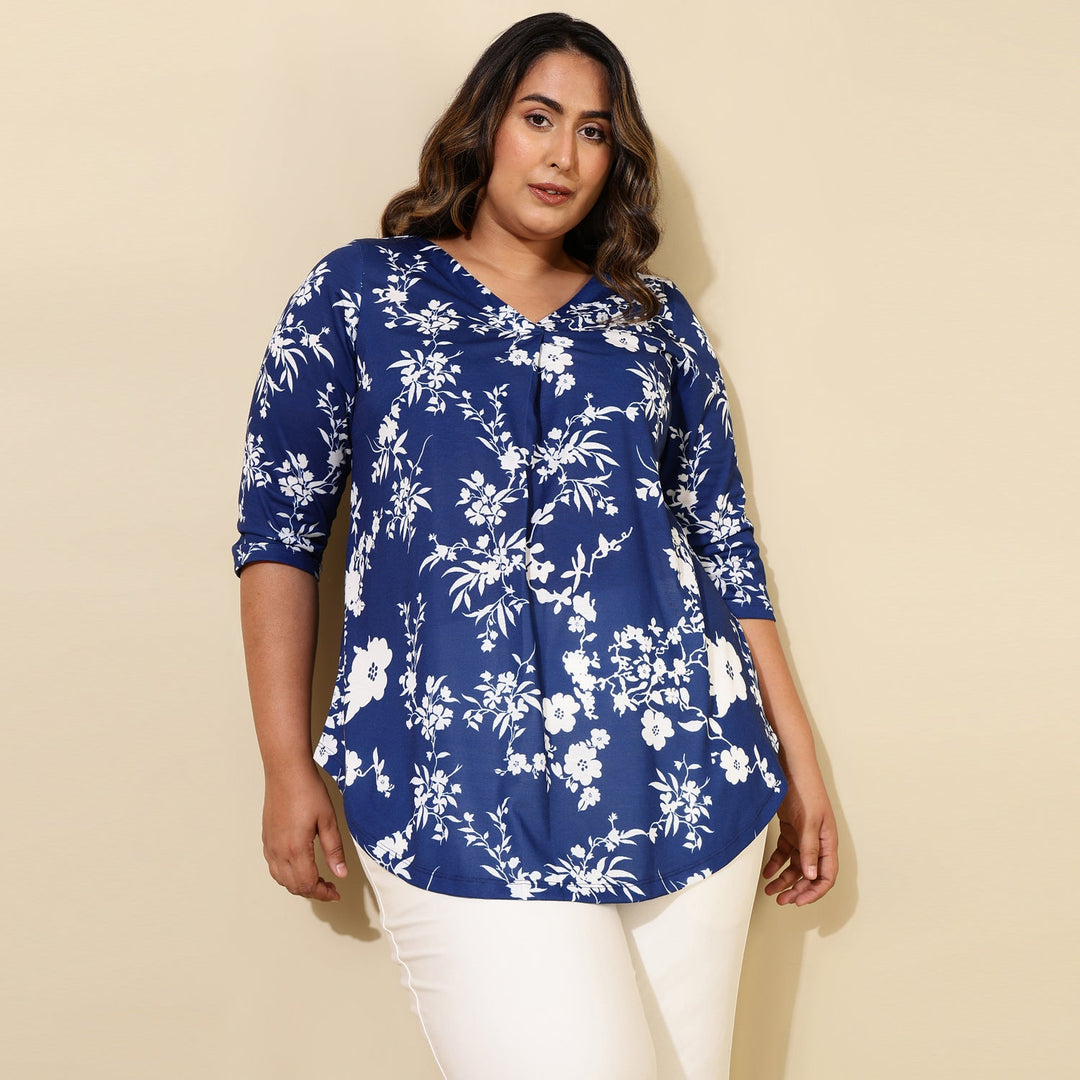 Plus Size Blue White Floral Print Centre Pleat Top for women | Made to Order
